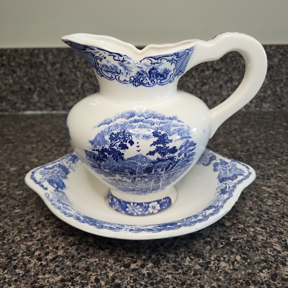 Vintage Artmark Japan Blue White Transferware Pitcher Bowl Set Mini Cottagecore‎